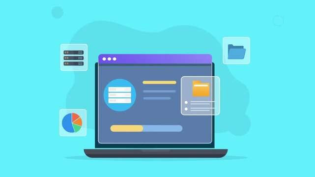 Modern flat vector animation of a laptop file management dashboard with folders, documents, charts, and digital organization interface elements for business and technology concepts.