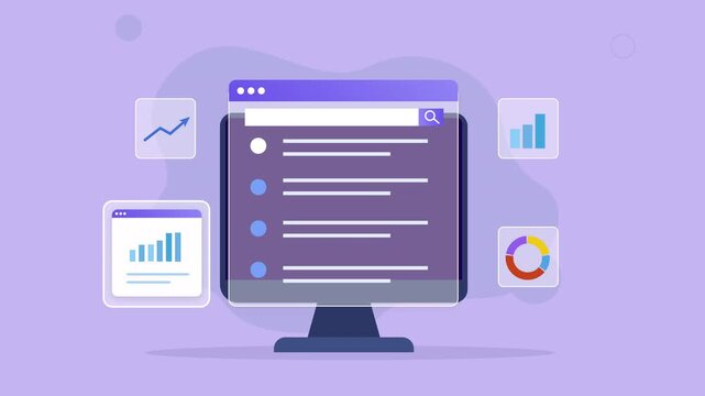Modern flat vector animation of a desktop analytics interface with charts, graphs, reports, and data visualization elements for business intelligence and productivity concepts.