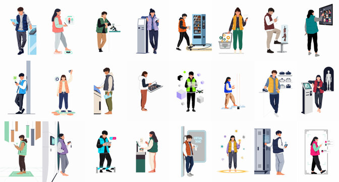 Flat illustration set of people using various automated services, vending machines, and self-service kiosks in a modern urban environment.