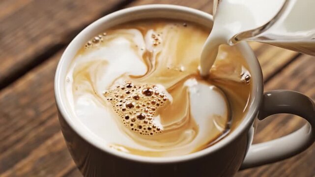 Creamy milk swirls into a hot cup of coffee in slow motion creating beautiful patterns