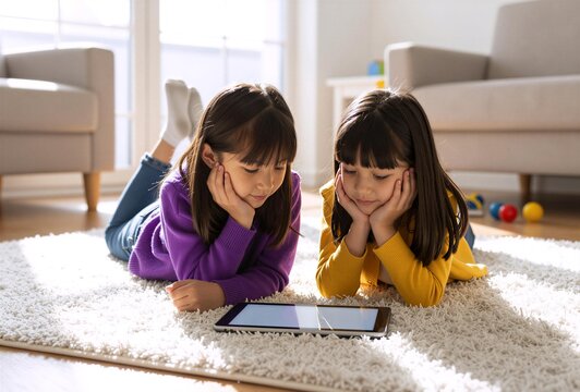 Two Asian girls lying on a white rug watching a tablet