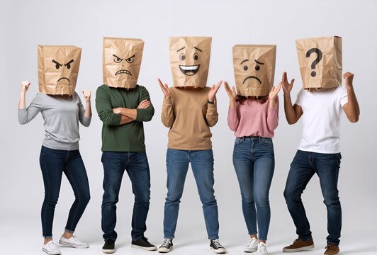 Paper Bag Masks Emotions Group Diverse People Angry Happy Sad Confused