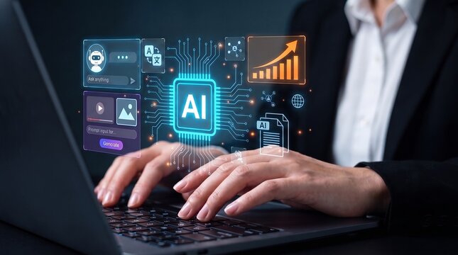 ai productivity and business automation concept: a professional typing on a laptop with a futuristic assistant interface, chatbot tools, analytics, and digital workflow icons