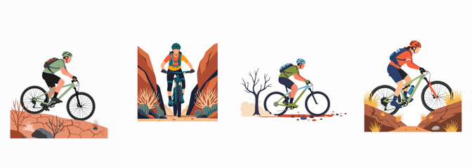 Fototapeta premium Collection of four mountain biking illustrations showing cyclists riding through various desert and rocky terrains, perfect for outdoor adventure and sports themes.