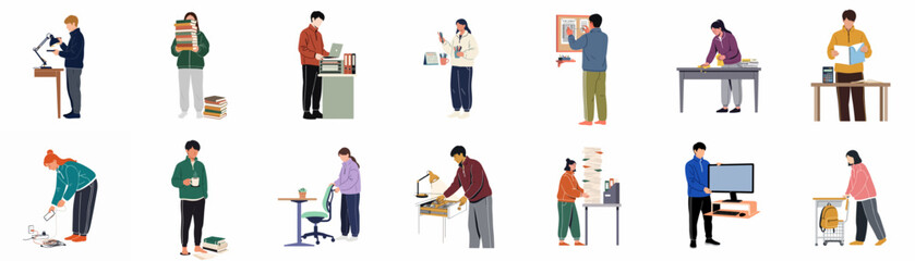 Fototapeta premium Set of flat vector illustrations featuring diverse people engaged in various work, study, and daily life activities in a minimalist style.