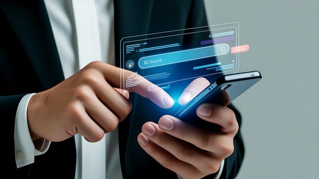 Hand holding futuristic interface with robot and question icons illustrating ai prompting generative AI human machine interaction and chatbot virtual assistant