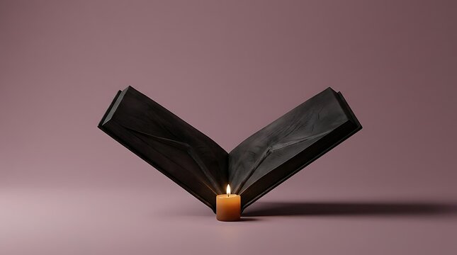 An open antique book illuminated by a flickering candle creates a spooky and mysterious halloween atmosphere hinting at ancient lore