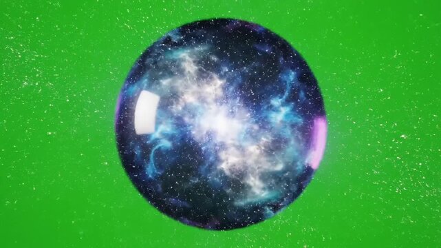 Mysterious glowing nebula captured within a transparent sphere, set against a vibrant green background.