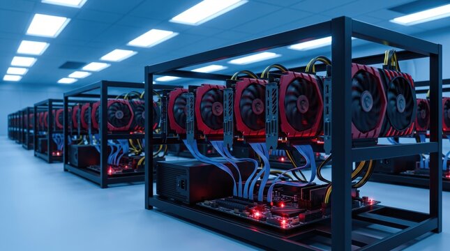 Cryptocurrency mining farm with rows of GPU rigs in a modern data center