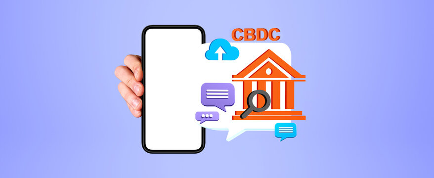 Smartphone display shows CBDC banking, cloud upload, search and chat icons in colorful graphic style on a lavender background, digital finance concept