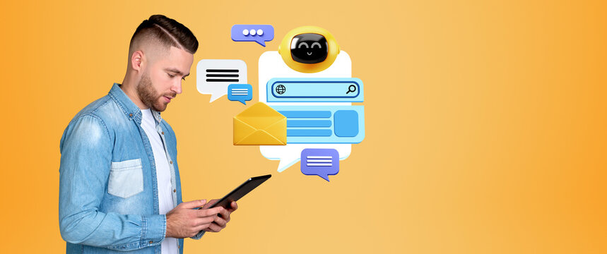 Man using a tablet beside a friendly chatbot and communication symbols in creative style on a warm yellow background, representing online support