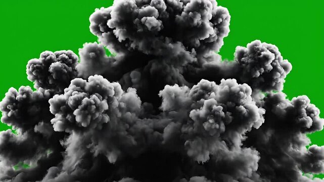 Massive dark smoke explosion with green screen background for visual effects