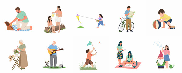 Fototapeta premium Collection of diverse people enjoying various outdoor leisure activities and hobbies, flat vector illustration style, isolated on white background.