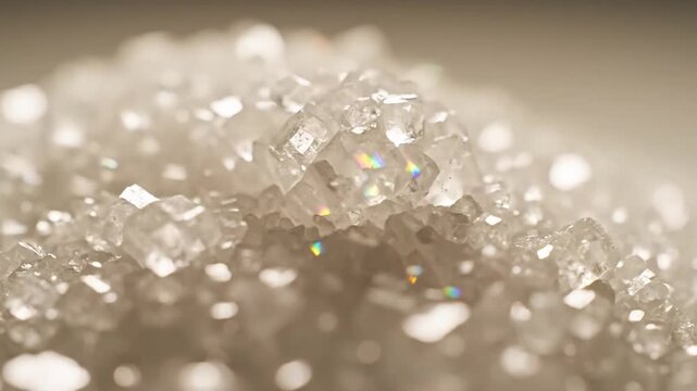 Extreme macro shot of sparkling clear crystal formations with rainbow light refractions