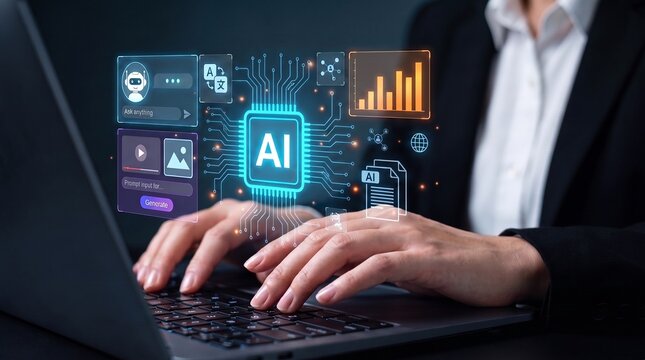 ai productivity and business automation concept: a professional typing on a laptop with a futuristic assistant interface, chatbot tools, analytics, and digital workflow icons