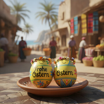 Easter eggs with "Frohe Ostern" text on a plate in a sunny market, spring holiday celebration concept