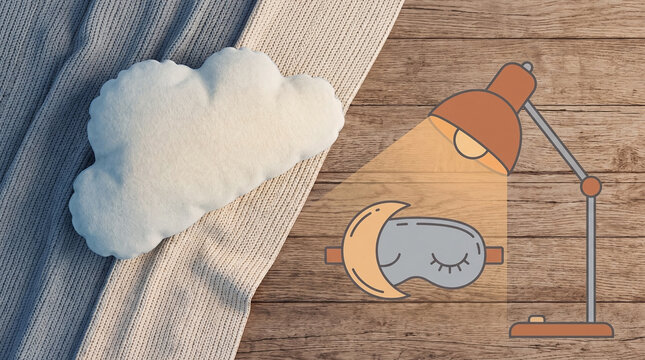 Cozy bedroom setting with cloud pillow sleeping mask and desk lamp
