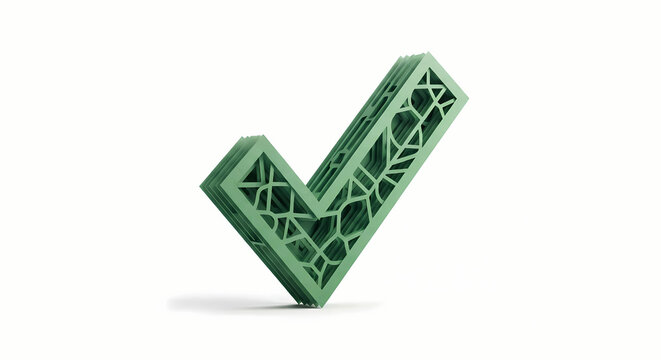 Green ornate cutout check mark symbol on white background