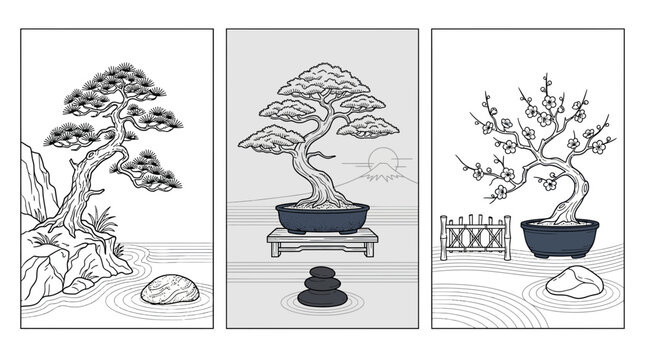 Triptych of stylized bonsai trees in Japanese ink style