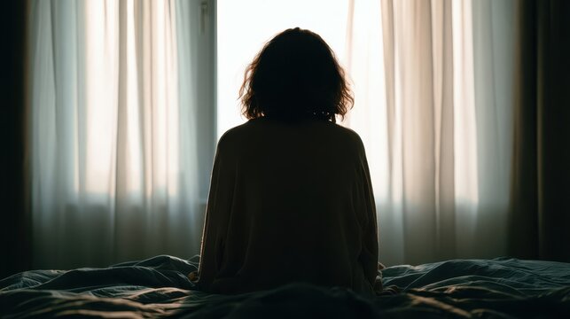 Lonely Woman Sitting Alone on Bed by Window in Dark Bedroom