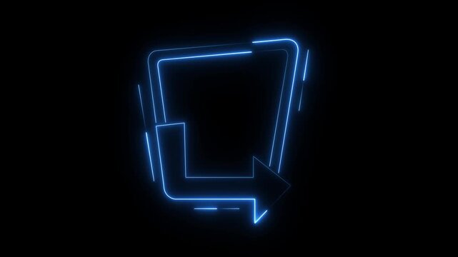 A stylish animated neon banner featuring glowing blue and pink/magenta light strokes outlining a geometric frame with an integrated directional arrow pointing right, containing the text "NEON FRAME" 