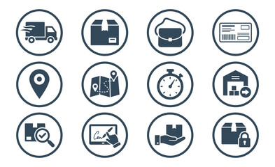 Fototapeta premium Delivery Service Icons Set with Truck, Package, Location Pin, Map, Stopwatch, and Lock Symbols in Circular Des