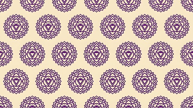 Seamless pattern of purple sahasrara crown chakra symbols on cream