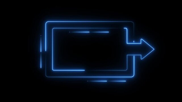 A glowing blue neon animation featuring a rectangular frame with an exit arrow pointing to the right against a dark black background. Ideal for UI design, app interfaces, logout/exit buttons,