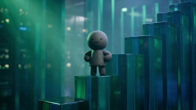近未来のデータセンターで悩む状態から解決して微笑むクレイ調マスコットキャラクターの3D動画