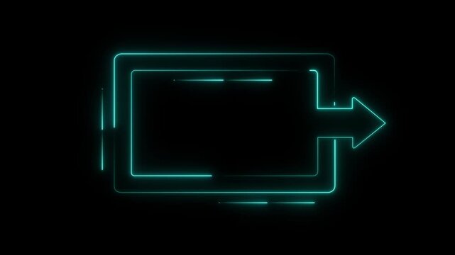 A glowing blue neon animation featuring a rectangular frame with an exit arrow pointing to the right against a dark black background. Ideal for UI design, app interfaces, logout/exit buttons,
