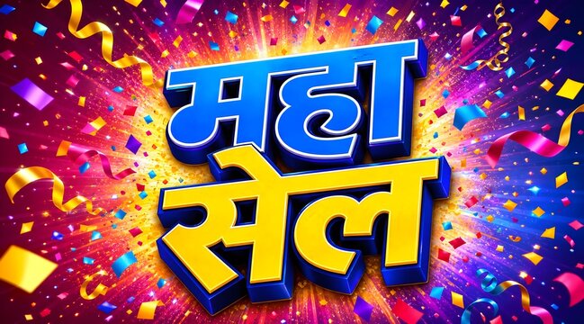 Confetti-explosion background with bold "महा सेल" text center stage in blue and yellow,
