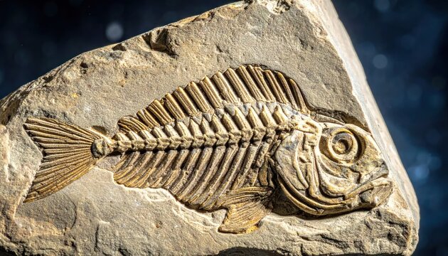 Ancient fish fossil skeleton in limestone rock