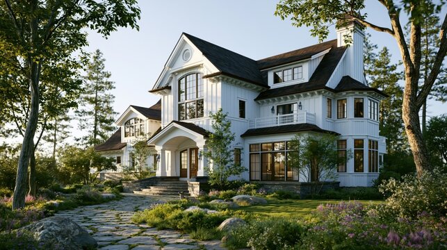 House exterior displays classic white siding and stone pathways set within a beautiful forest.