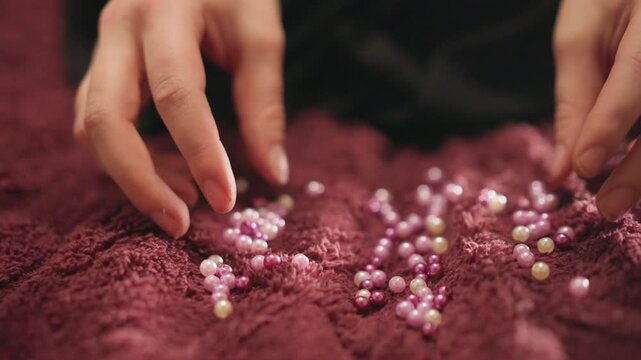 Hands sorting pink pearls on burgundy cloth, closeup of contemplative hands arranging tiny beads in slow ritual velvet texture, soft moody lighting, fortune and prediction hints, artisan jewelry vibe,