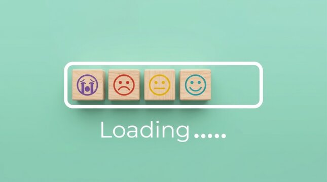 Mental health check in concept with mood faces blocks on a light green background loading bar