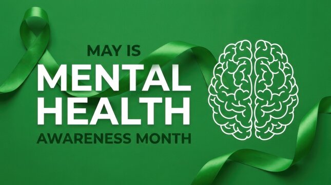 Mental health awareness month 3d green banner with a brain and a ribbon