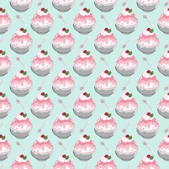 Cute strawberry shaved ice seamless pattern with pink syrup, whipped cream, berry topping, bowls and spoons on mint background, ideal for dessert packaging, fabric, wallpaper and summer designs.