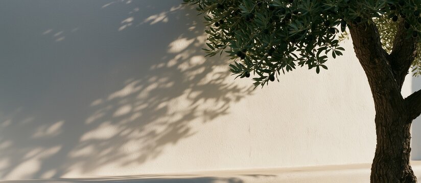 Minimalist olive tree branch casting soft shadows on white wall