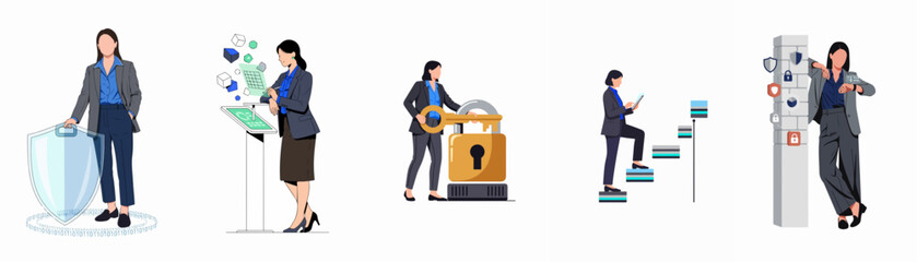 Fototapeta premium Professional flat vector illustration set of a businesswoman managing cybersecurity, data analysis, career progression, and secure access in a modern workplace.
