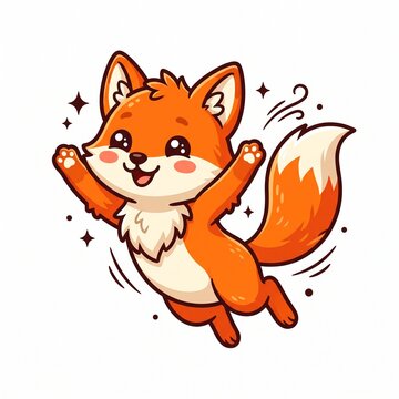 A cheerful orange fox illustration jumping in the air with arms raised, featuring a cute kawaii art style, vector isolated on white