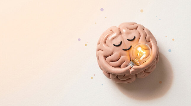 Brain Character Hugging a Lightbulb Symbolizing Creative New Ideas