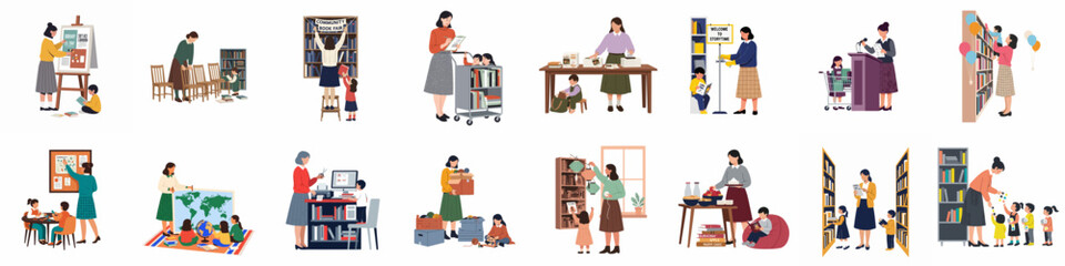 Collection of flat vector illustrations depicting teachers and librarians teaching, reading, and interacting with children in school and library settings.