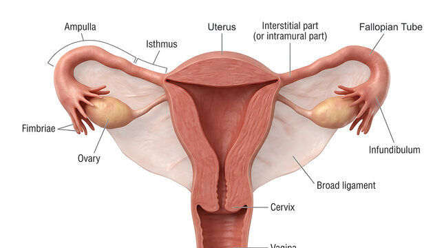 Detailed 3D illustration of female reproductive system anatomy showing uterus, ovaries, fallopian tubes, and cervix with anatomical labels