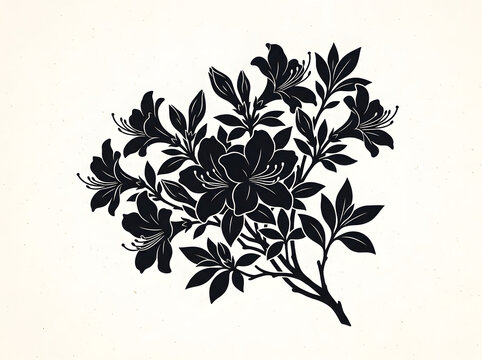 Black azalea flower silhouette vector illustration with detailed blooming floral branch and leaves isolated on light background