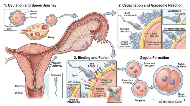 Biological Illustration Detailing the Human Reproductive Cycle from Ovulation to Fertilization and Early Zygote Formation
