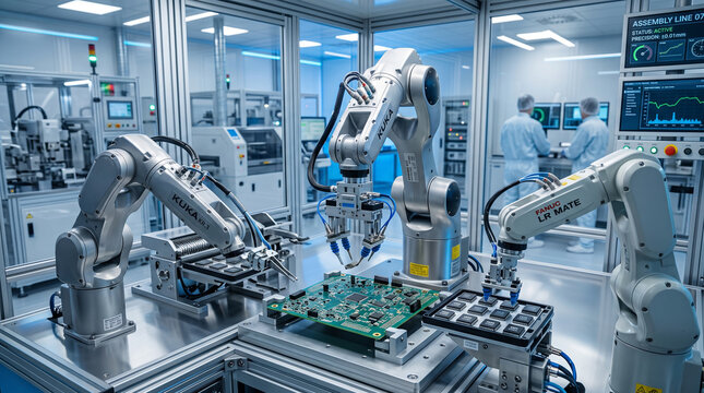 Advanced robotic arms assembling microchips in high-tech factory. Automated industrial robots manufacturing precision electronics on futuristic pro...