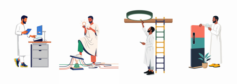 Diverse illustrations featuring Arab men in traditional attire working with modern technology, scientific equipment, and industrial tools in laboratory and professional settings.