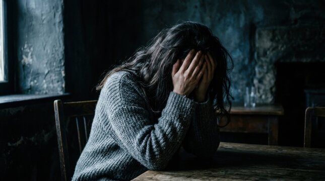 Sad person sitting at a table in a dark moody room hiding their face
