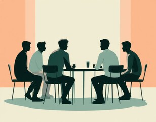 Fototapeta premium Group of five men seated around a round table engaged in conversation, with minimalist background featuring soft colors and geometric shapes