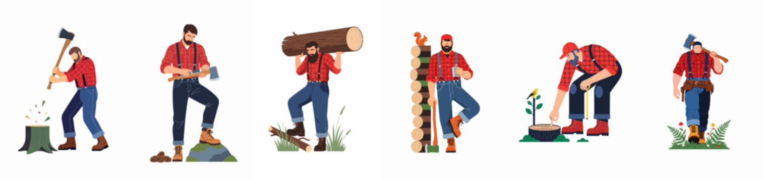 Set of flat vector illustrations featuring a lumberjack character in different poses, including chopping wood, carrying logs, and planting a sapling.